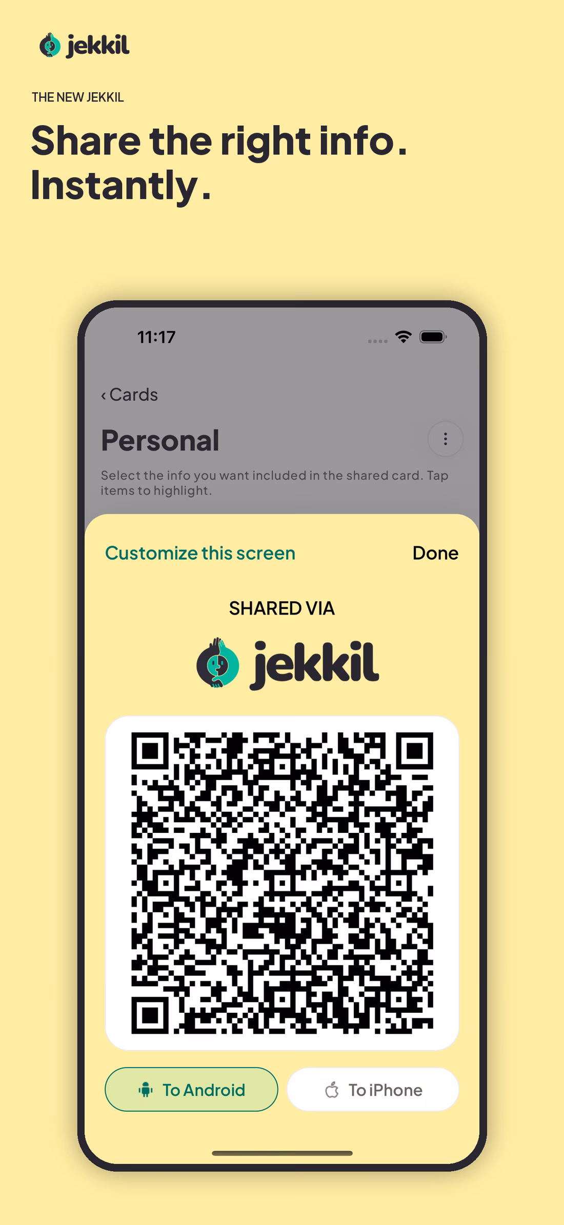 jekkil QR sharing screen ready to be scanned