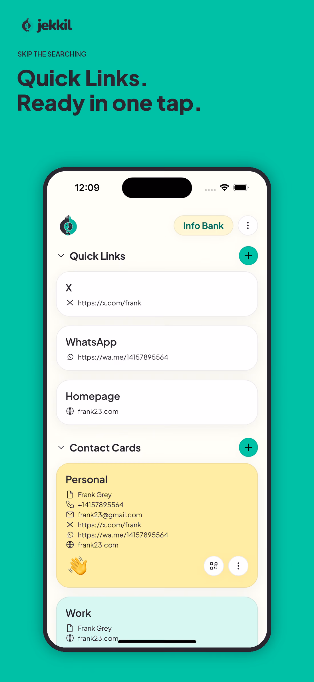 jekkil home screen with Quick Links and Contact Cards