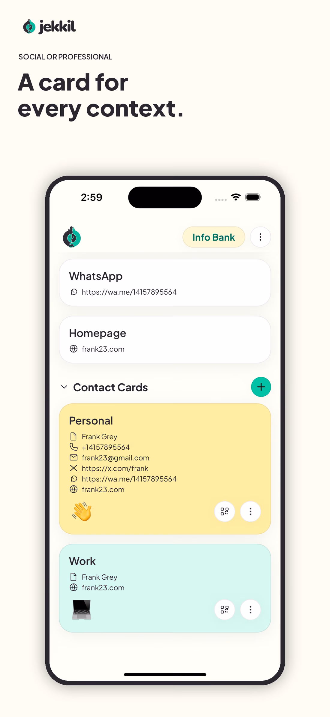 jekkil Contact Cards for personal and work contexts