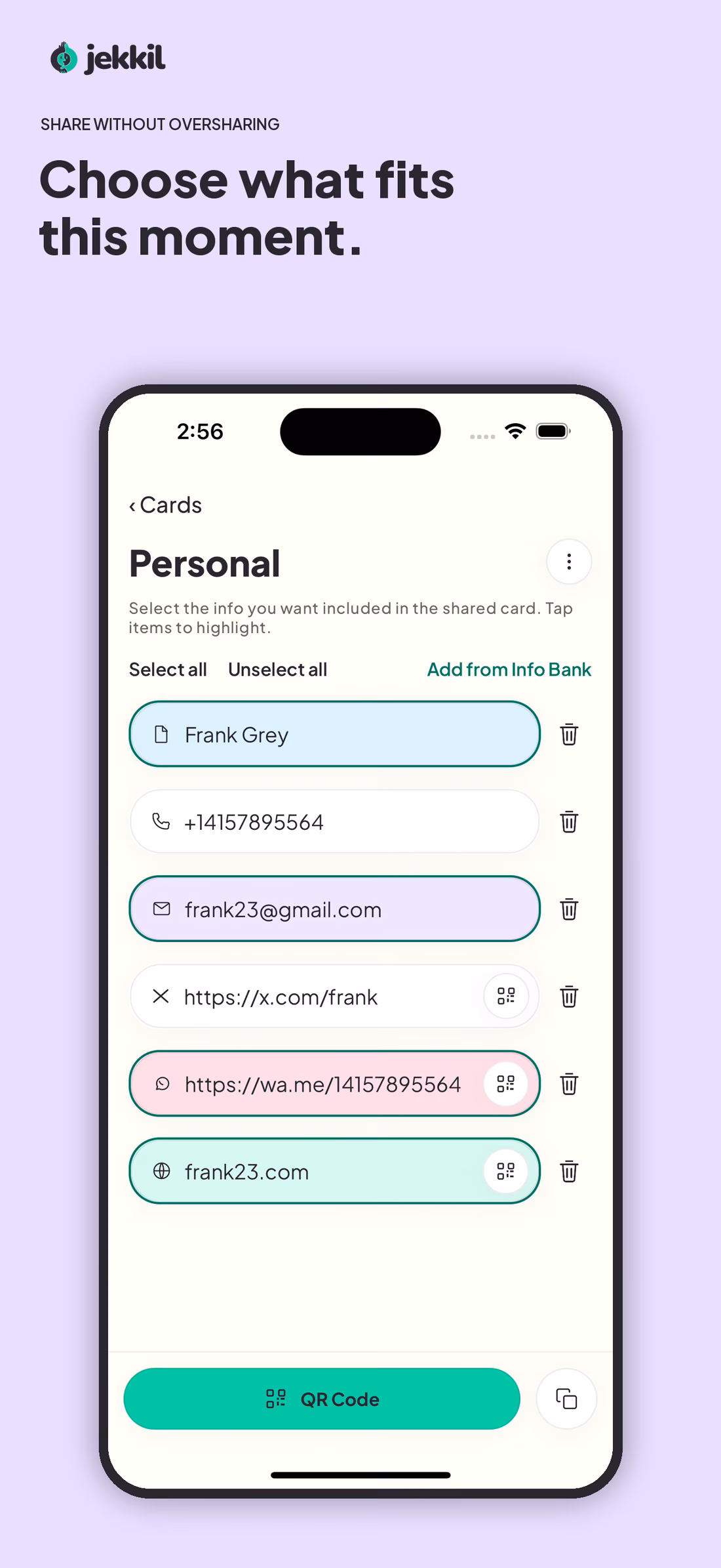 jekkil screen for choosing exactly which details to include in a Contact Card