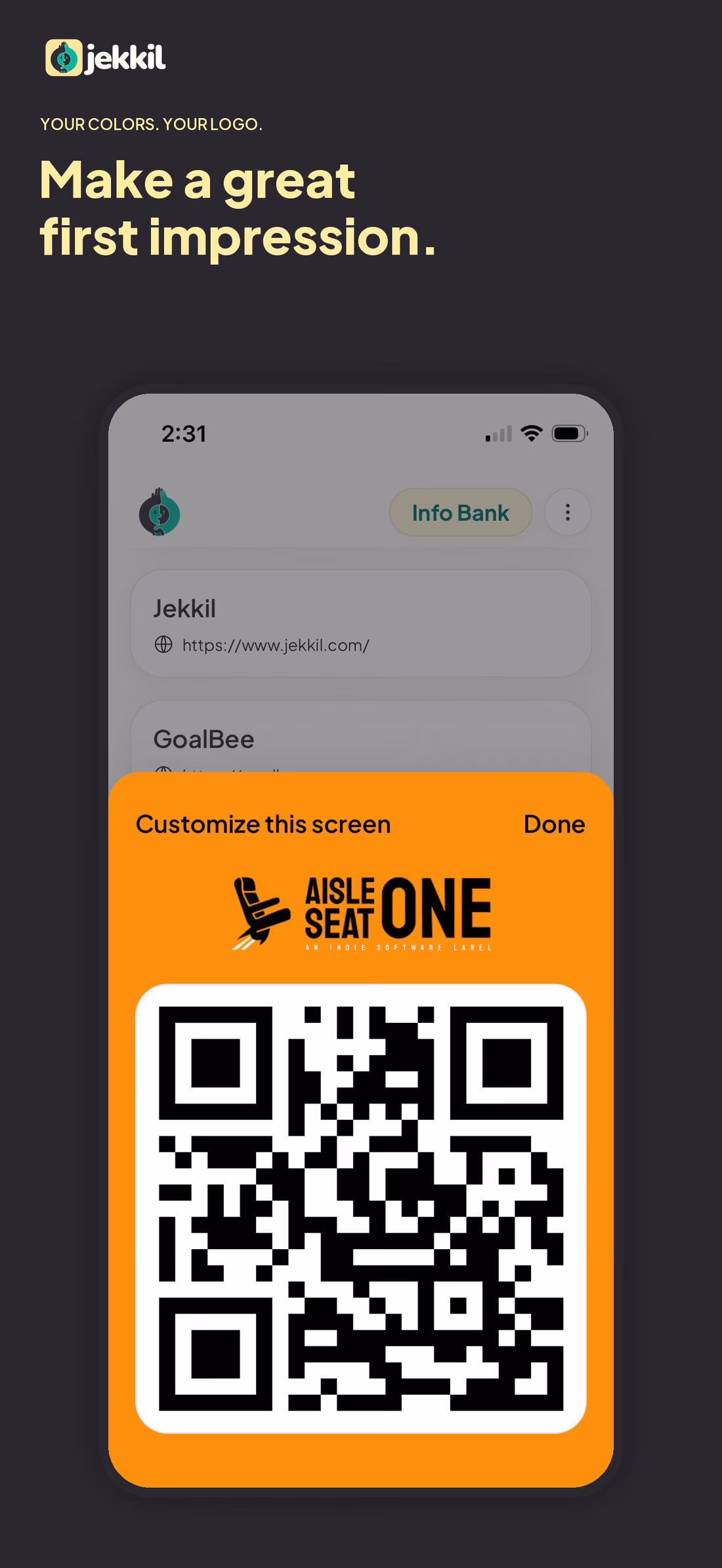 A customized orange jekkil QR screen with a personal logo