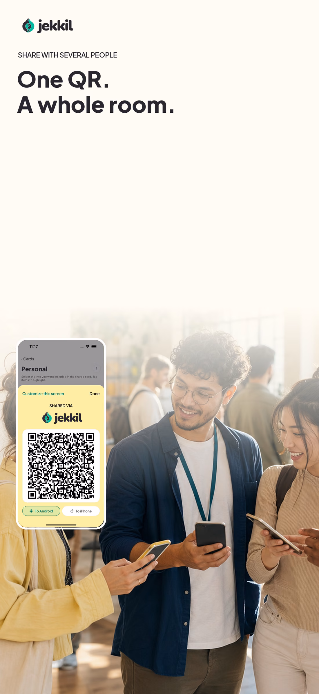 Several people scanning one jekkil QR code at an event
