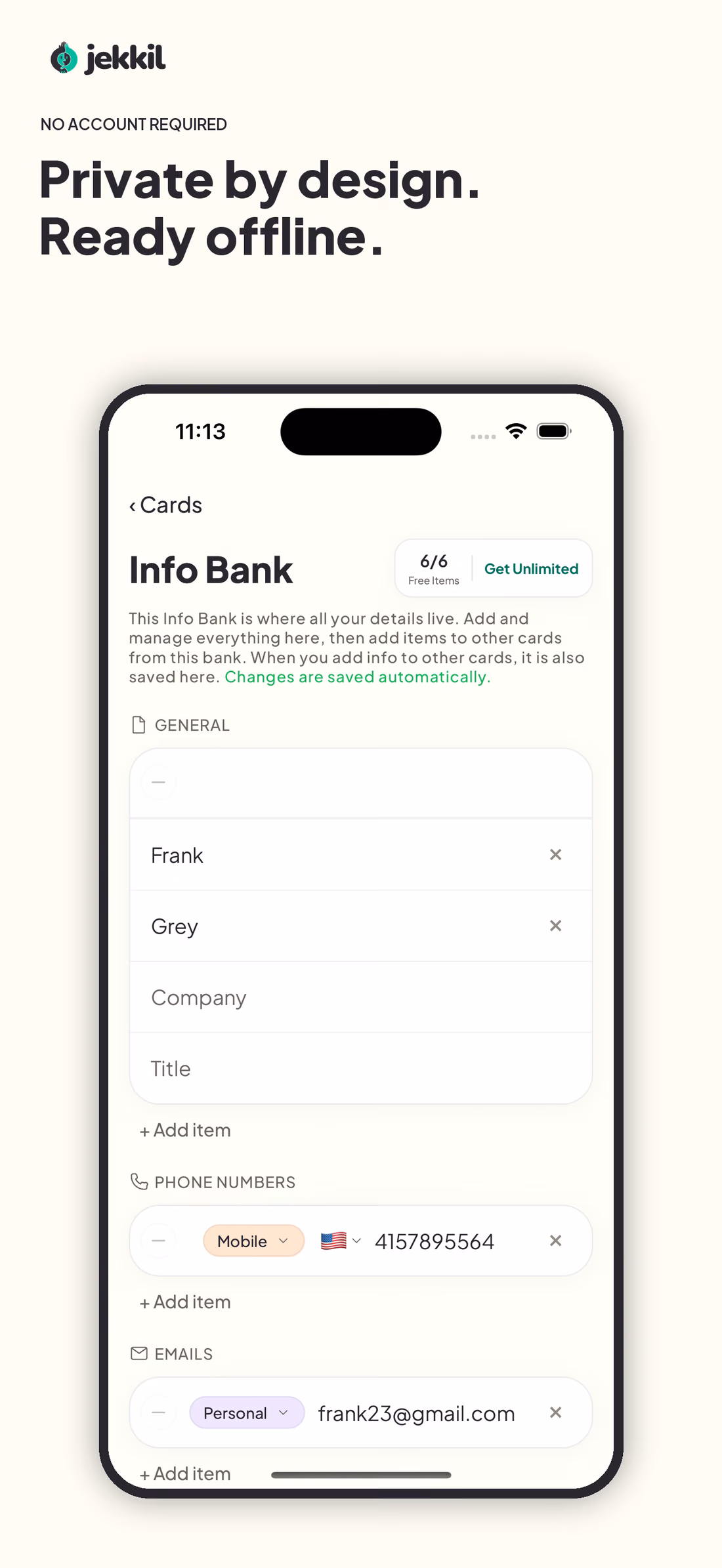 jekkil Info Bank illustrating private offline information storage